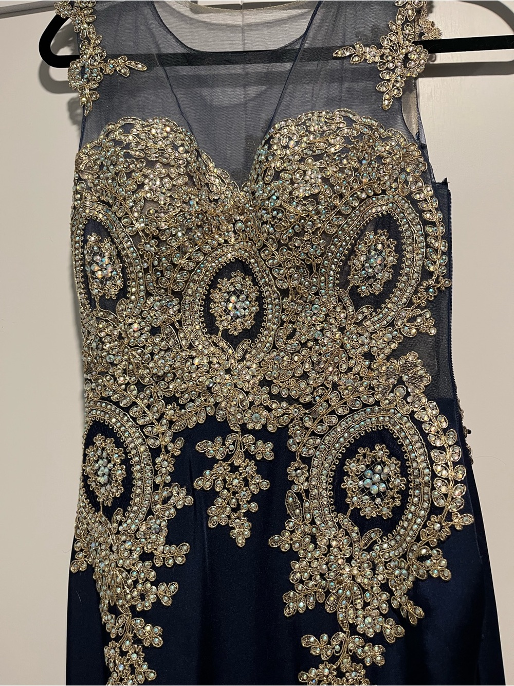 Embellished Navy Evening Dress with Gold Beading